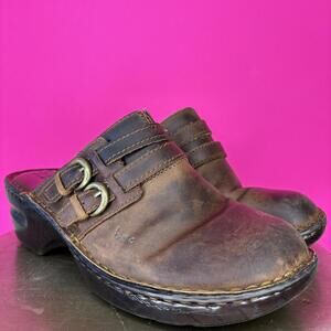 B.O.C. Brown Leather Two Buckle Straps Slip-On Mule Clog US 9
